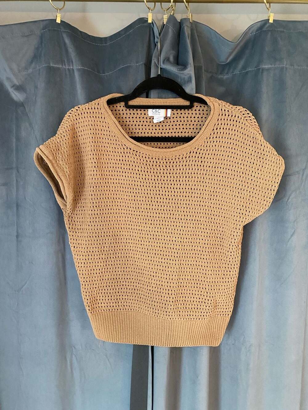 C&C California Tan Open Knit Cap Sleeve Sweater Top Size L